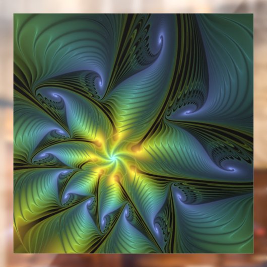 Abstrakter Stern, Shiny Blue Green Golden Fraktal Fensteraufkleber (Blatt 2)