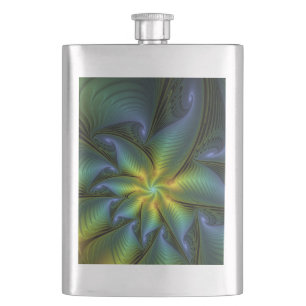 Abstrakter Stern, Shiny Blue Green Golden Fraktal Flachmann