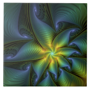 Abstrakter Stern, Shiny Blue Green Golden Fraktal Fliese