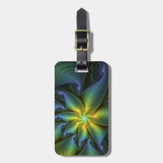 Abstrakter Stern, Shiny Blue Green Golden Fraktal Gepäckanhänger (Vorderseite vertikal)