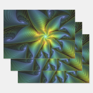 Abstrakter Stern, Shiny Blue Green Golden Fraktal Geschenkpapier Set