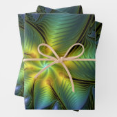 Abstrakter Stern, Shiny Blue Green Golden Fraktal Geschenkpapier Set (Beispiel)