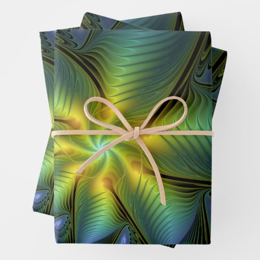 Abstrakter Stern, Shiny Blue Green Golden Fraktal Geschenkpapier Set (Beispiel)