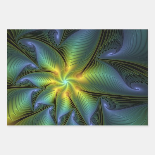 Abstrakter Stern, Shiny Blue Green Golden Fraktal Geschenkpapier Set (Vorderseite)