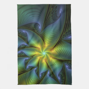 Abstrakter Stern, Shiny Blue Green Golden Fraktal Geschirrtuch
