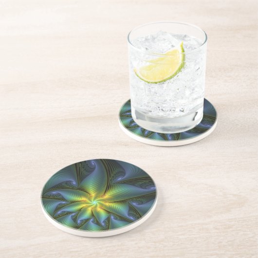 Abstrakter Stern, Shiny Blue Green Golden Fraktal Getränkeuntersetzer (Seite)