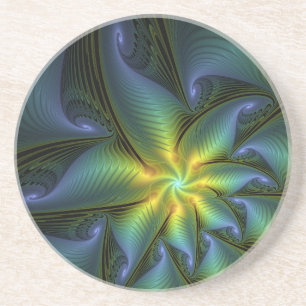 Abstrakter Stern, Shiny Blue Green Golden Fraktal  Getränkeuntersetzer