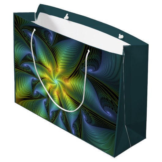 Abstrakter Stern, Shiny Blue Green Golden Fraktal Große Geschenktüte (Rückseite Schrägansicht)
