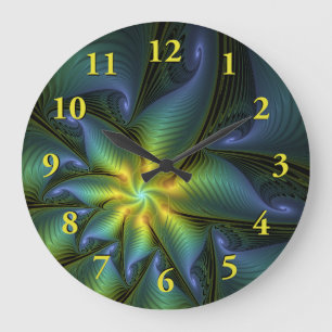Abstrakter Stern, Shiny Blue Green Golden Fraktal Große Wanduhr