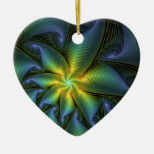 Abstrakter Stern, Shiny Blue Green Golden Fraktal  Keramik Ornament