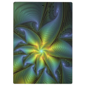 Abstrakter Stern, Shiny Blue Green Golden Fraktal  Klemmbrett (Rückseite)