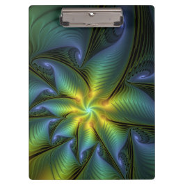 Abstrakter Stern, Shiny Blue Green Golden Fraktal  Klemmbrett