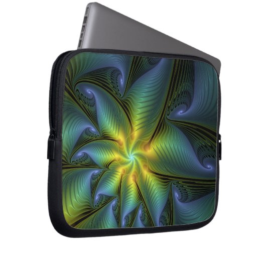 Abstrakter Stern, Shiny Blue Green Golden Fraktal Laptopschutzhülle (Vorne Rechts)