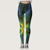 Abstrakter Stern, Shiny Blue Green Golden Fraktal Leggings (Vorderseite)