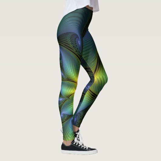 Abstrakter Stern, Shiny Blue Green Golden Fraktal  Leggings (Rechts)