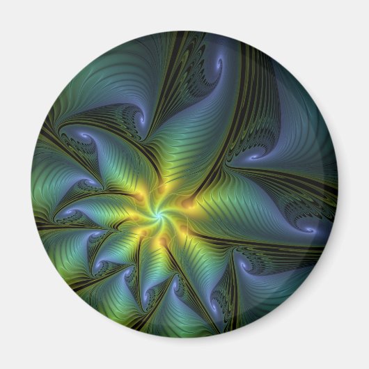 Abstrakter Stern, Shiny Blue Green Golden Fraktal Magnet (Vorne)