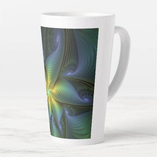 Abstrakter Stern, Shiny Blue Green Golden Fraktal  Milchtasse (Rechte Ecke)