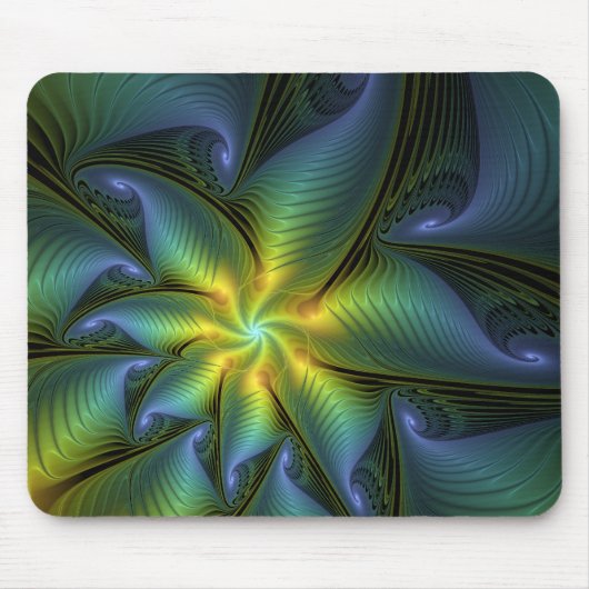 Abstrakter Stern, Shiny Blue Green Golden Fraktal  Mousepad (Vorne)