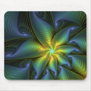 Abstrakter Stern, Shiny Blue Green Golden Fraktal  Mousepad