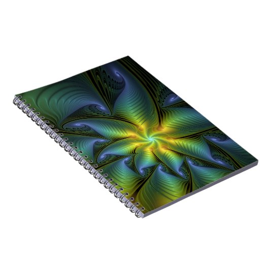 Abstrakter Stern, Shiny Blue Green Golden Fraktal Notizblock (Rechte Seite)