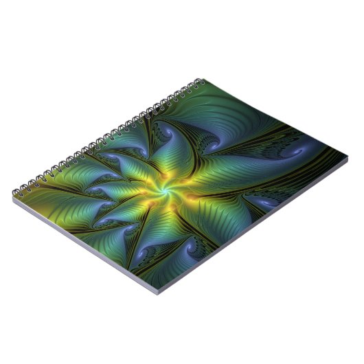 Abstrakter Stern, Shiny Blue Green Golden Fraktal Notizblock (Linke Seite)