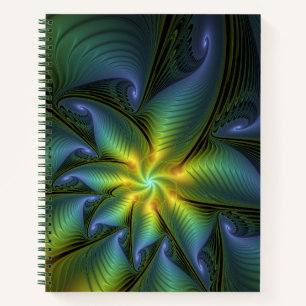 Abstrakter Stern, Shiny Blue Green Golden Fraktal Notizblock