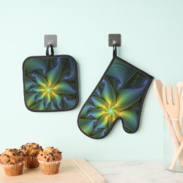 Abstrakter Stern, Shiny Blue Green Golden Fraktal  Ofenhandschuh & Topflappen-Set