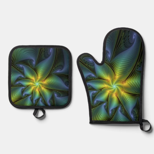 Abstrakter Stern, Shiny Blue Green Golden Fraktal Ofenhandschuh & Topflappen-Set (Vorderseite)