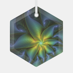 Abstrakter Stern, Shiny Blue Green Golden Fraktal  Ornament Aus Glas