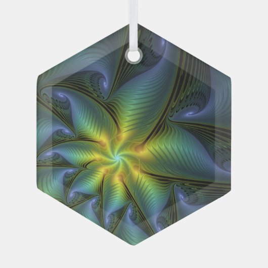 Abstrakter Stern, Shiny Blue Green Golden Fraktal  Ornament Aus Glas (Vorderseite)