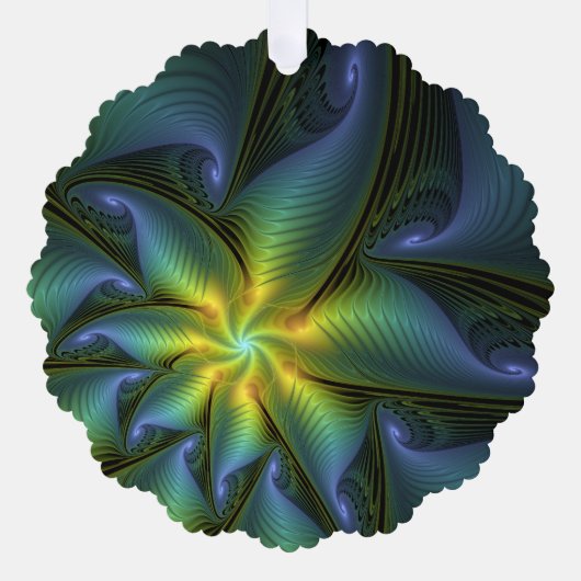 Abstrakter Stern, Shiny Blue Green Golden Fraktal  Ornament Karte (Vorderseite)