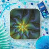 Abstrakter Stern, Shiny Blue Green Golden Fraktal Pappteller (Party)