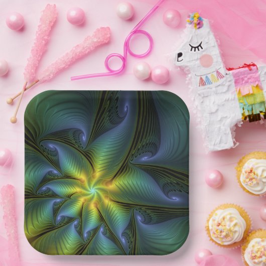 Abstrakter Stern, Shiny Blue Green Golden Fraktal  Pappteller (Party)