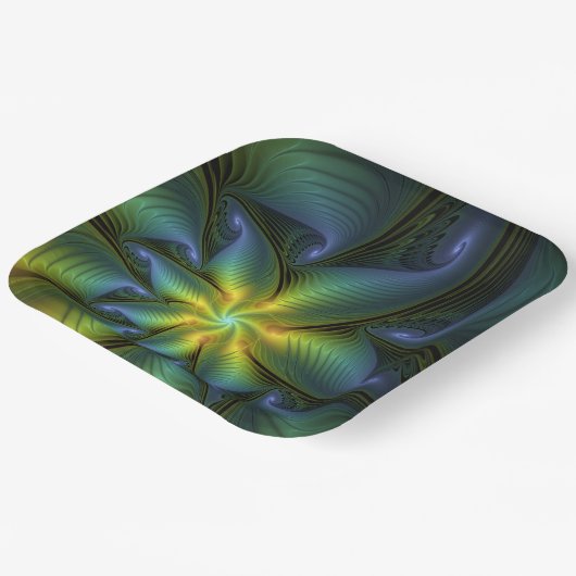 Abstrakter Stern, Shiny Blue Green Golden Fraktal  Pappteller (Gewinkelt)