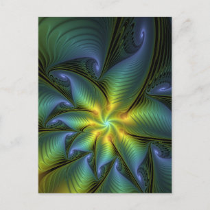 Abstrakter Stern, Shiny Blue Green Golden Fraktal Postkarte