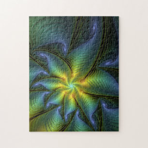 Abstrakter Stern, Shiny Blue Green Golden Fraktal Puzzle