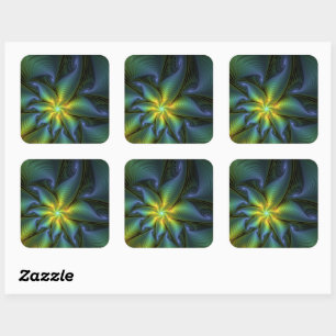 Abstrakter Stern, Shiny Blue Green Golden Fraktal Quadratischer Aufkleber