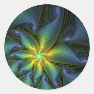 Abstrakter Stern, Shiny Blue Green Golden Fraktal Runder Aufkleber