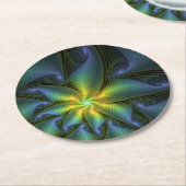 Abstrakter Stern, Shiny Blue Green Golden Fraktal Runder Pappuntersetzer (Angewinkelt)