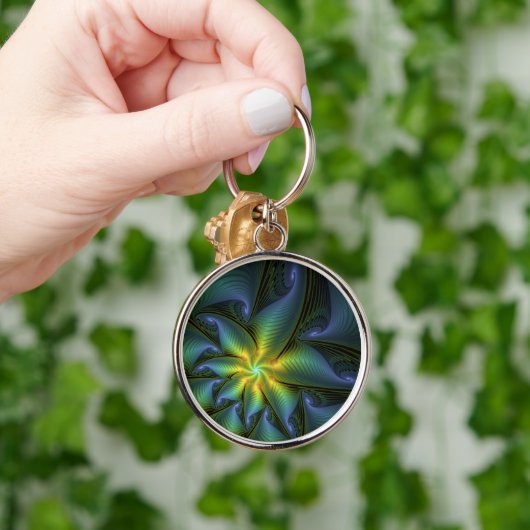 Abstrakter Stern, Shiny Blue Green Golden Fraktal Schlüsselanhänger (Hand)