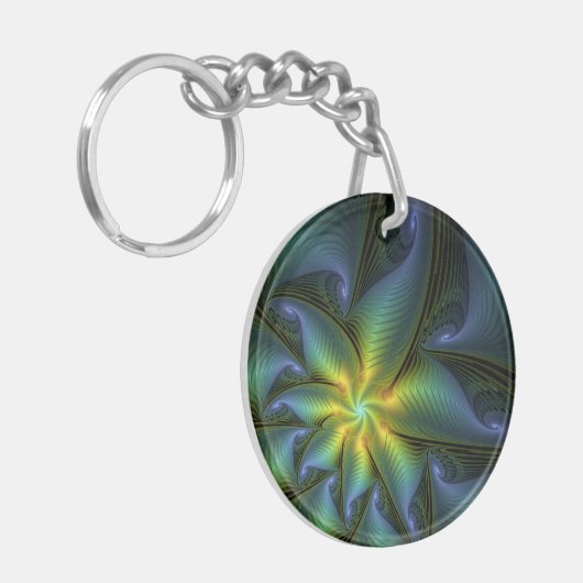 Abstrakter Stern, Shiny Blue Green Golden Fraktal  Schlüsselanhänger (Vorderseite links)