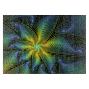 Abstrakter Stern, Shiny Blue Green Golden Fraktal Schneidebrett
