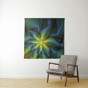 Abstrakter Stern, Shiny Blue Green Golden Fraktal Wandteppich