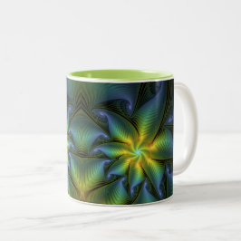Abstrakter Stern, Shiny Blue Green Golden Fraktal  Zweifarbige Tasse