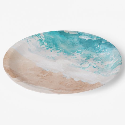 Abstrakter Strand mit Aquarellfarbe Pappteller (Schrägansicht)