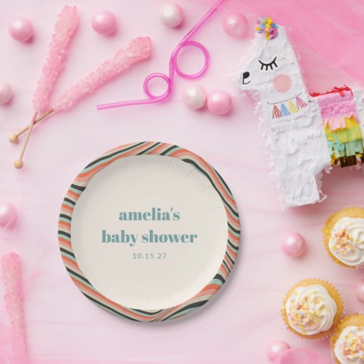 Abstrakter Streifen Aqua Peach Custom Baby Dusche Pappteller (Party)