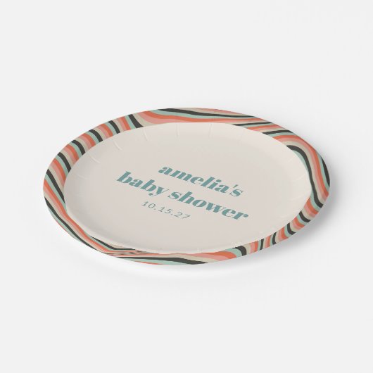 Abstrakter Streifen Aqua Peach Custom Baby Dusche Pappteller (Schrägansicht)