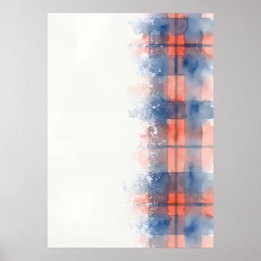 Abstrakter Tartan-Poster in Blau und Korallenrot Poster (Vorne)