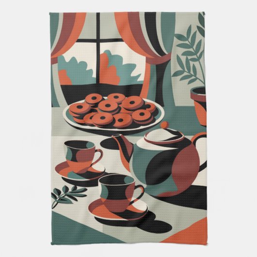 Abstrakter Tee und Kekse im Stil der 50er Jahre Geschirrtuch (Vertikal)
