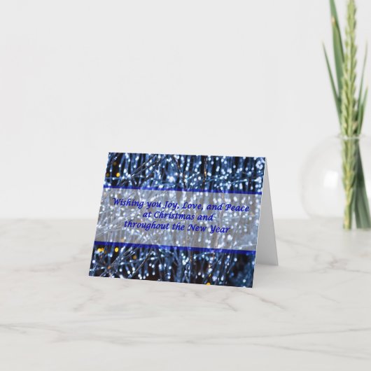Abstrakter Text mit blauen Lichtern Feiertagskarte (Vorderseite)